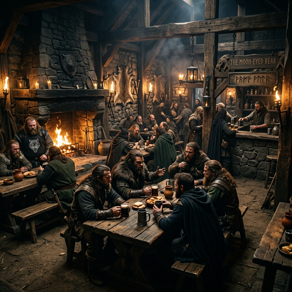 Bearded travelers dining around tables in a candlelit stone tavern